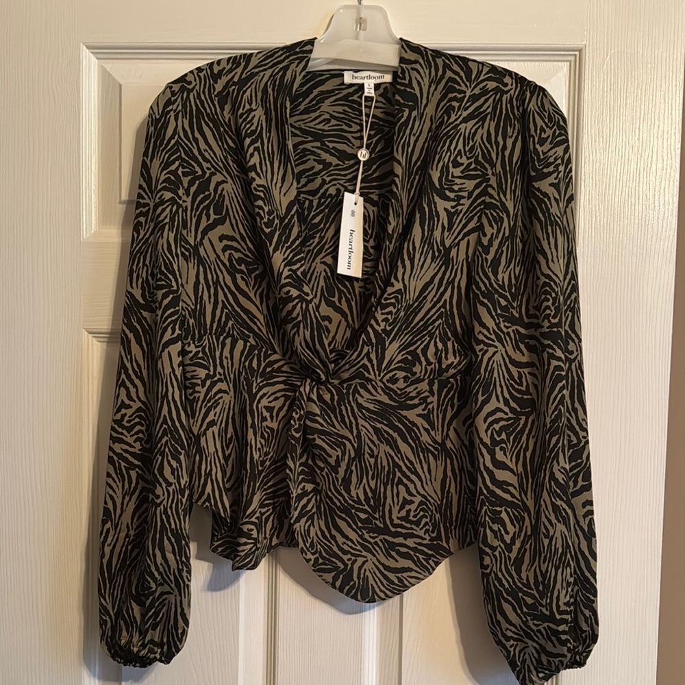 Heartloom Black and White Wrap Blouse with Bishop Sleeves